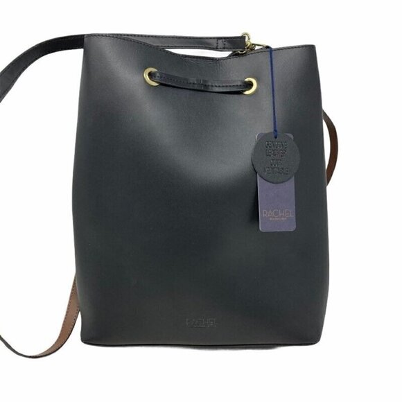 Rachel Roy Womens Bucket Bag Black Leather Magnetic Snap Drawstring Sling NEW - Picture 1 of 6